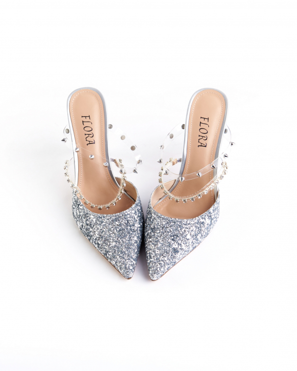 DIADEM SILVER GLITTER STRAPPY COURT HEELS